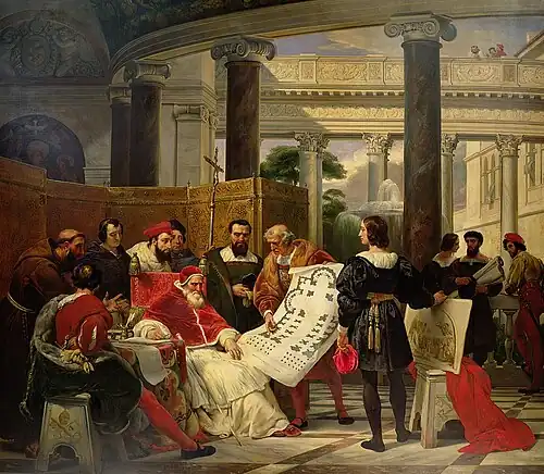 Pope Julius II ordering Bramante and Michelangelo to design St Peter's Basilica, 1827