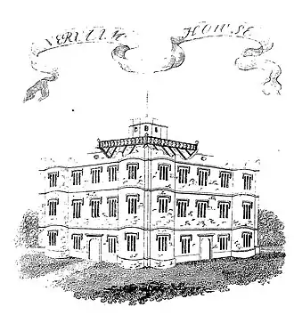 Engraving of a three-storey house with many tall windows & a small rooftop lantern.