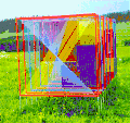Vibration I (1980), Op art sculpture in steel, plexiglass, and perlon thread (400 × 500 × 700&nbsp;cm). The threads capture sound through electrodes and convert their vibrations (e.g. ants, water drops) into concrete music via computer. Private collection, USA.