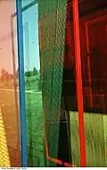 Detail of the Op art sculpture Vibration in steel, plexiglass and perlon thread. Electrodes translate sounds into concrete music. Private collection, USA.