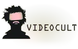 A figure with an open mouth and rectangle shape covering their eyes adjacent to Videocult's name
