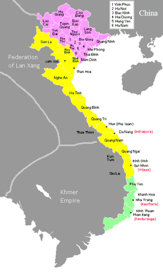 Map of Vietnam from 1540 to 1592 during Southern and Northern Dynasties period shows the division of Đại Việt between &nbsp;&nbsp;Mạc dynasty &nbsp;&nbsp;Lê dynasty under command of Nguyễn Kim &nbsp;&nbsp;Kingdom of Champa .