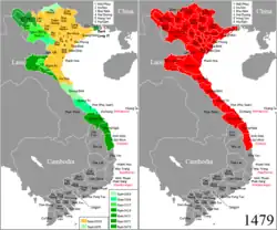 Territory of Đại Việt (dark green) after invasion of Champa in 1471 and invasion of Laos in 1479.