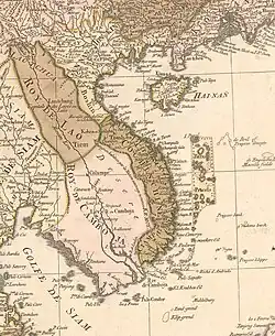 an 18th-century map of Vietnam, showing the Trịnh-controlled Tonkin (in the North) and the Nguyễn-controlled Cochinchina (in the South)