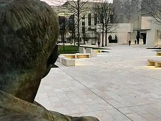 View of the Eisenhower Memorial looking over the shoulder of the boyhood statue