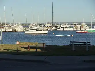 View of the Swan River and sign of Mosman Park, Western Australia