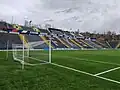 View on the east stand of Smederevo Stadium from behind the goal post, February 2026
