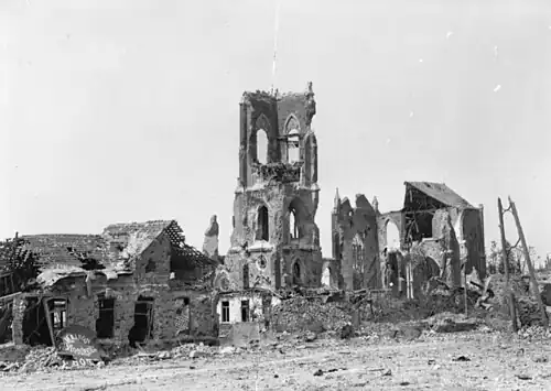 Ruins of the church after the second battle of Villers-Bretonneux in 1918