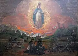 Plague-themed painting showing the Virgin Mary above a devastated landscape in Vilnius, with broken arrows in her hands and scenes of illness and death below.