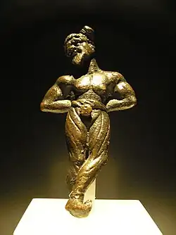 Chained Germanic tribesman, 2nd century A.D. Bronze. The prisoner wears braccae that were typical for the Germanic tribes. His hair is tied in a Suebian knot.