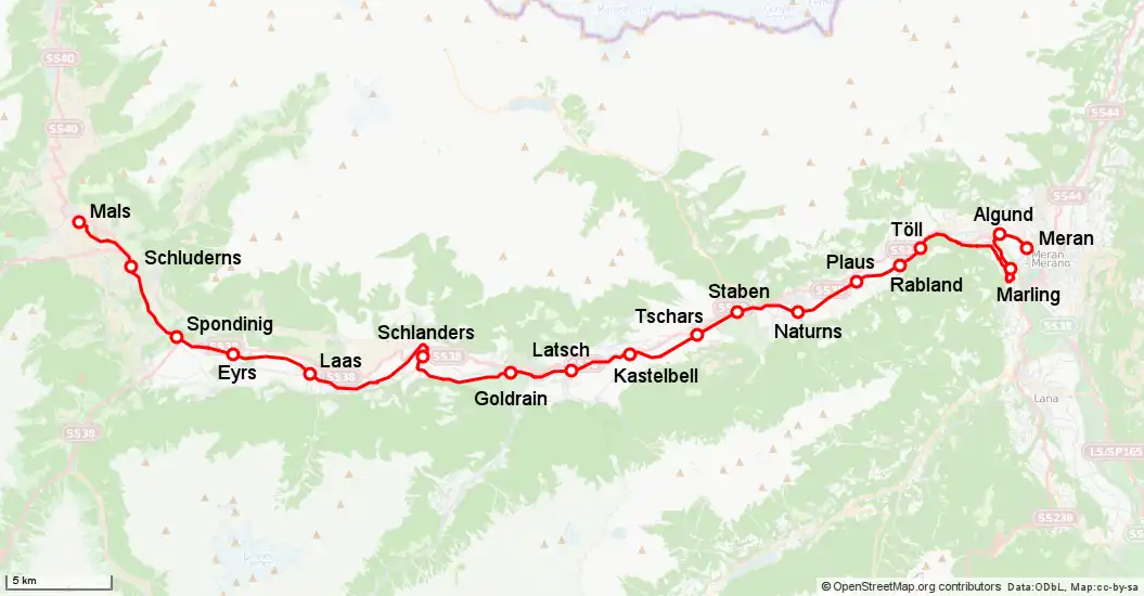 Map of the Vinschgau Railway with stations