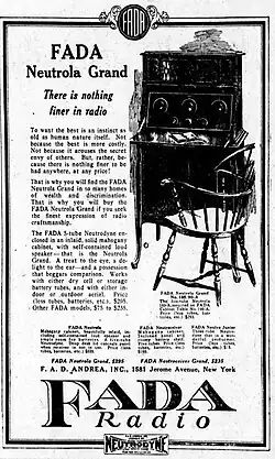 Newspaper advertisement for radio, with the slogan "There is nothing finer in radio". It features a drawing of the radio sitting on a desk, with a chair in front of it, as well as a lengthy description of the radio.