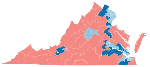 A map of Virginia showing the results of the 2025 Virginia House of Delegates election, with Republican districts in red and Democratic districts in blue, with heavier shading showing which changed parties.