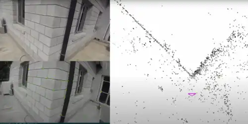 An visualization of Visual ORB-SLAM2. The visualization shows a black-and-white image of the corner of a building, and its RGB color counterpart on the left. To the right of these two images, a 2D point cloud is displayed which maps out the corner of the building as well as shows where the camera is in relation to the structure.