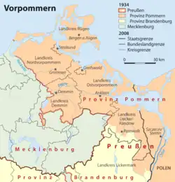 Current (grey lines) and historical (coloured areas) administrative division of Vorpommern. Historically, the Oder formed the eastern border of Western Pomerania[citation needed]