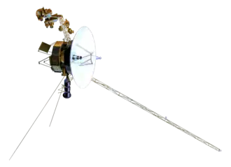 Artist's rendering of the Voyager spacecraft, a small-bodied spacecraft with a large, central dish and multiple arms and antennas extending from the dish