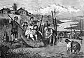 Engraving of Russian peasant children fishing, A.P. Koverznev 1875