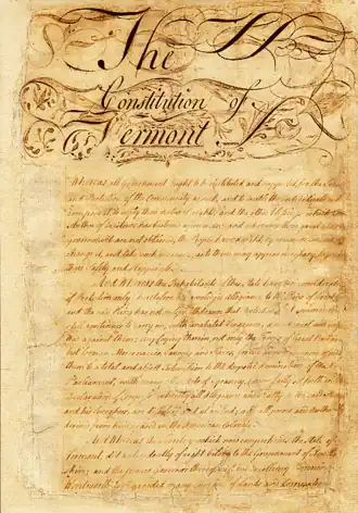 Image 25Vellum manuscript of the Constitution of Vermont, 1777. This constitution was amended in 1786, and again in 1793, two years after Vermont's admission to the federal union in 1791. See Constitution of Vermont (1777) and Constitution of Vermont. (from History of Vermont)