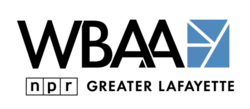 The letters WBAA in a sans serif, with the two As overlapping. To the right, in a sky blue color, is the WFYI logo: four triangles that form a square. Below, in black text, is the NPR logo and the words "Greater Lafayette".