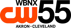 The CW logo, an orange thick logo with the letters C and W connected, in the lower left. Above it, right-aligned, is the word WBNX capitalized in a sans serif. To the right of both, full-height, is a sans-serif numeral 55; underneath is sans-serif text reading "AKRON • CLEVELAND"