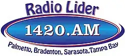 A blue circle with a red outline surrounding it. Inside the circle is "1420 AM." Above the circle is text which says "Radio Lider" and below is text that says "Palmetto, Bradenton, Sarasota, Tampa Bay