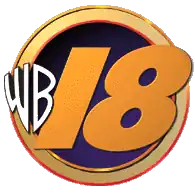 Atop a blue circle trimmed with gold, the WB logo in white with black border next to a gold slanted sans serif 18