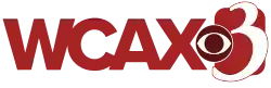 A large, red text that says "WCAX" is on the left, with the CBS eyemark and the number 3 outside of a red box on the right.