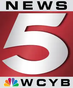 A silver sans serif 5 on a red box, with silver boxes above (containing the word "News" in extended sans serif) and below (containing the NBC peacock and the letters W C Y B)