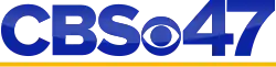 The letters CBS, the CBS eye, and a sans serif numeral 47, all in glossy royal blue with a yellow underline