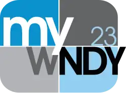 A rounded rectangle divided into blue and gray parts with the word "my" in white, a small "23" in the upper right, and a black "NDY" in the lower right. There is a gray "W" to the left of the "NDY" to spell out "W N D Y".