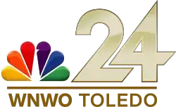 The NBC peacock next to a gold 24 in a geometric sans serif. Beneath is a horizontal line and the words W N W O Toledo in a sans serif, the former slightly bolder.