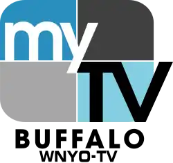 A rounded rectangle divided into blue and gray parts with the word "my" in white and a black "TV" in the lower right. Underneath on two lines are the words "Buffalo" and "W N Y O - T V".