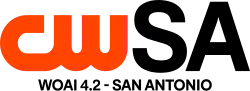A large, black text saying "SA" with the logo of The CW on the left of the text. On the bottom, the text says "WOAI 4.2", the placement of the channel. On the right of that text says San Antonio, the city of license.