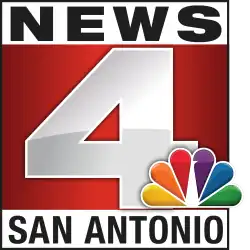 The text "NEWS" is on top of a red square with a large 4 inside of the square. On the right of the 4, there is the NBC peacock, and on rhetorical bottom is a text that says "SAN ANTONIO", where the station is based.