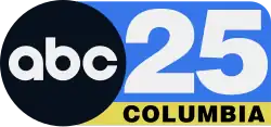 The ABC network logo next to a rectangle with a rounded upper right corner with a white 25 on bright blue and, in a yellow band at the bottom, the word COLUMBIA in black