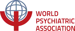 The WPA logo consists of the Greek letter Psi superimposed on an abstract globe, such that the globe's southern hemisphere is set within the curved part of the letter.