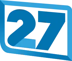 A stylized blue sans serif "27" in a slanted, rounded box