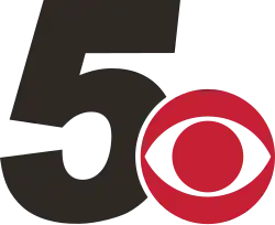 A black italicized sans serif 5 next to a red CBS eye logo