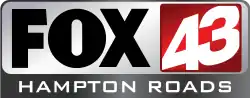 Inside a shiny silver rounded rectangle, the Fox network logo in black and a shiny red square containing a white upward-slanted numeral 43. Beneath in a dark gray area is the white text "Hampton Roads".