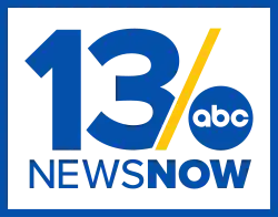 In a white box trimmed in blue: A blue 13 in a sans serif. The 3 is clipped by a diagonal slash in yellow. The ABC network logo is next to it in blue. The words "News" and "Now", "Now" bolded, appear on the next line.