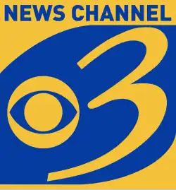 A blue box with a gold CBS eye and script numeral 3. Two gold curved accent areas surround it, the top one taller and containing the words "News Channel".