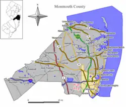 Location of Wall Township in Monmouth County highlighted in yellow (right). Inset map: Location of Monmouth County in New Jersey highlighted in black (left).