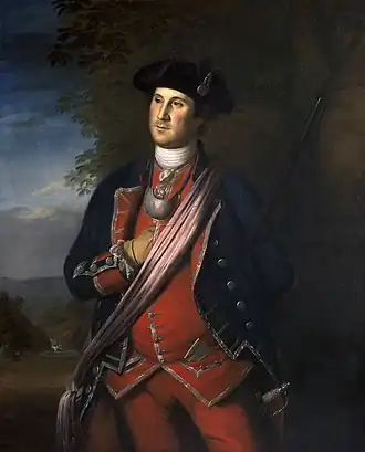 Painting of Washington, standing in a formal pose, in a colonel's uniform, right hand inserted in shirt.
