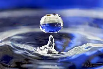 A drop of water falling toward water in a glass