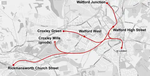 Line arcing south-west from Watford Junction to Rickmansworth, with two northbound branches to Croxley Green and Croxley Mills