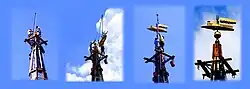 A "jin-pole" being used to install a weather vane atop the 61 m (200 ft) steeple of a church in Kingston, New York.