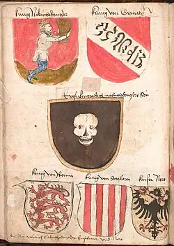 Contemporary coat of arms (upper right) of the Nasrid dynasty of Granada with garbled Arabic inscription (Wernigerode Armorial).