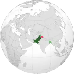 Location of West Pakistan (dark green)[a], the rest of Pakistan (light green)[b] and territories claimed by the federal government (pink)[c]