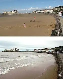 Two views showing the sea wall and buildings. The left side is an expanse of sand in the top picture but covered by water in the bottom picture.