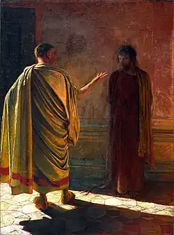 Painting: Pontius Pilate (left) asks Jesus (right) "What is truth?"